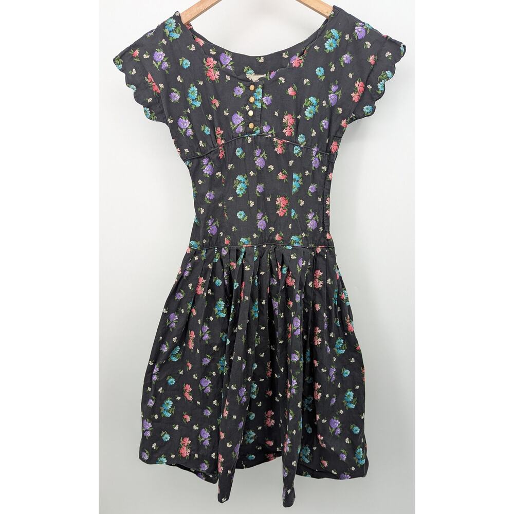 Vintage 1950s Kay Windsor Black Cotton Small Floral Fit & Flare Midi Dress
